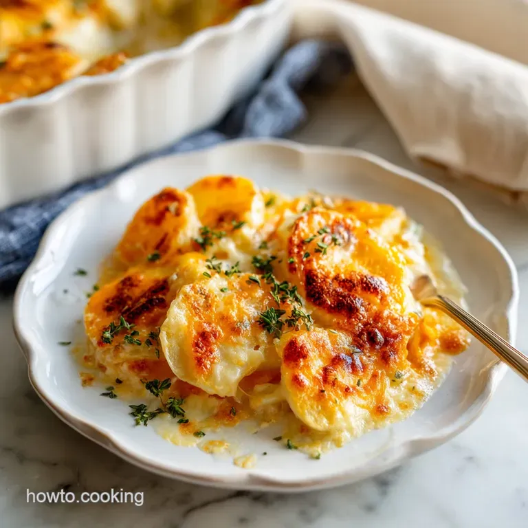 Individual serving of gratin potatoes, golden-brown and creamy, in a small ramekin.