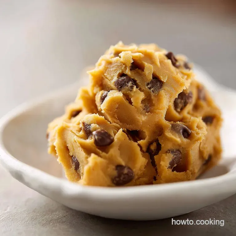 Scoop of edible cookie dough in a stemmed glass, drizzled with chocolate sauce and sprinkled with colorful candies.