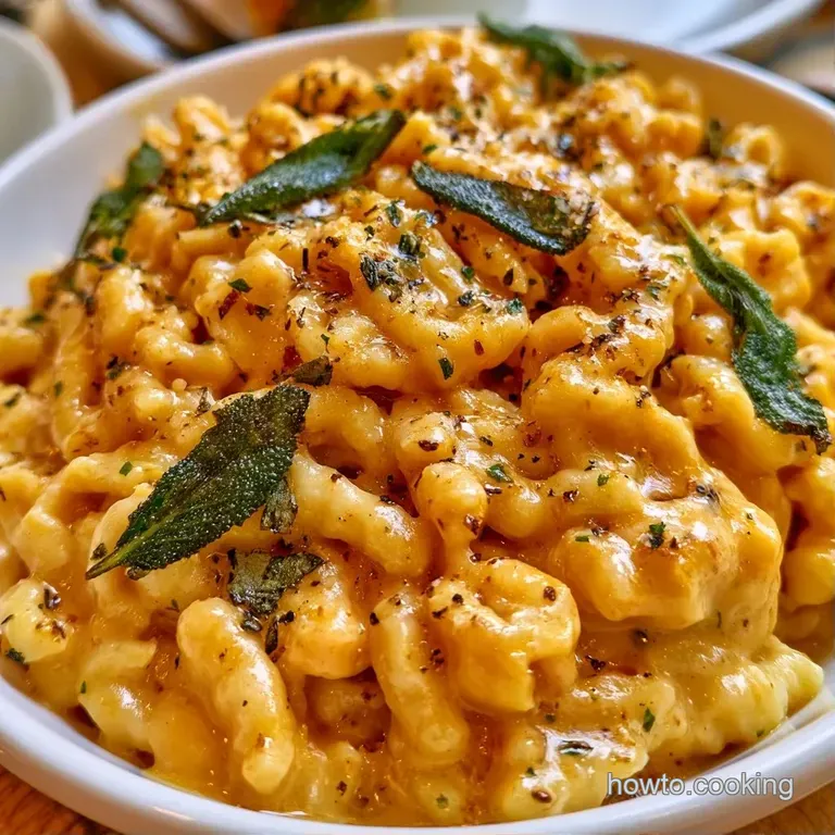 A heap of buttered noodles in a white ceramic bowl topped with toasted sage and a sprinkle of grated white cheese.