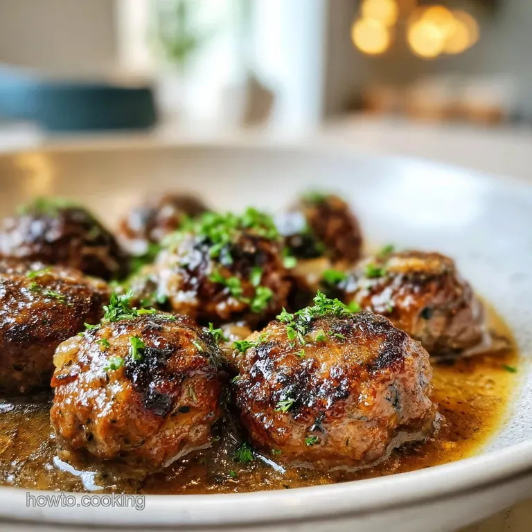 A swirl of creamy mashed potatoes supports savory meatballs and glistening mushroom gravy. Sprigs of thyme add visual appeal.