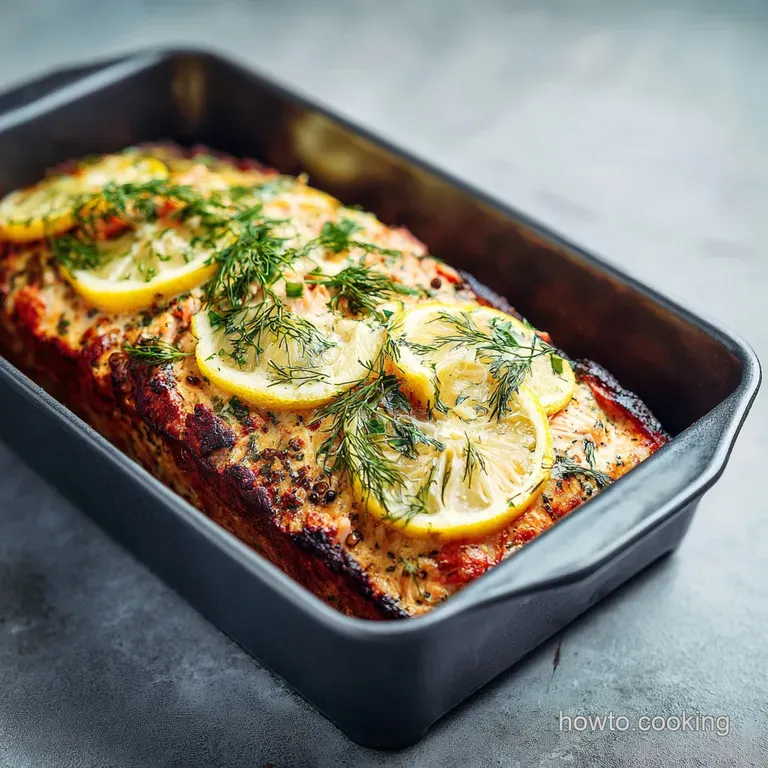 Slices of moist salmon meatloaf displayed on a white plate, garnished with dill sprigs and a bright lemon wedge. Fresh and...