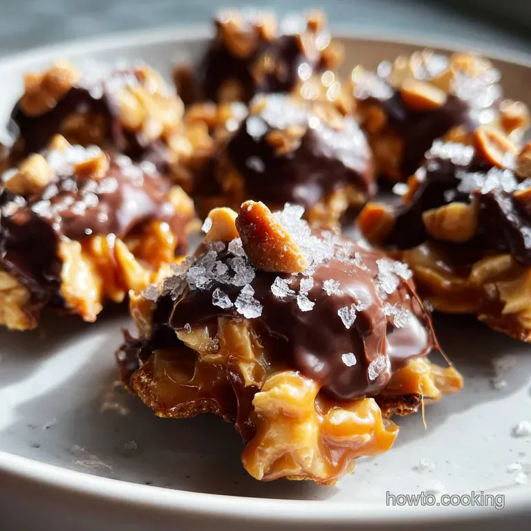 Pile of golden caramel peanut clusters on a white plate, glistening with melted caramel, sprinkled with sea salt.