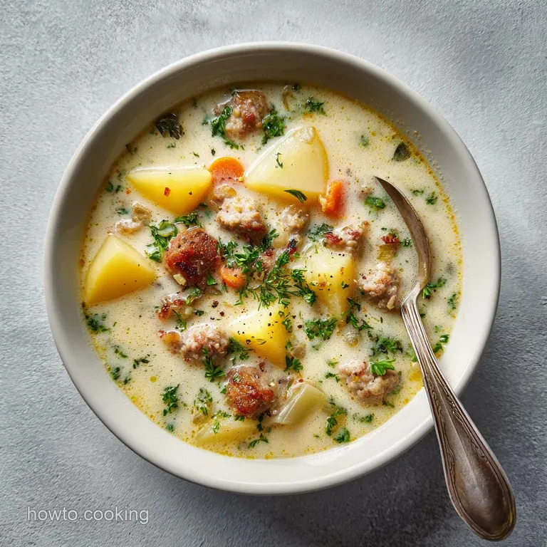 Bowl of chunky sausage and potato soup, garnished with fresh herbs and a swirl of cream, inviting and rustic presentation.