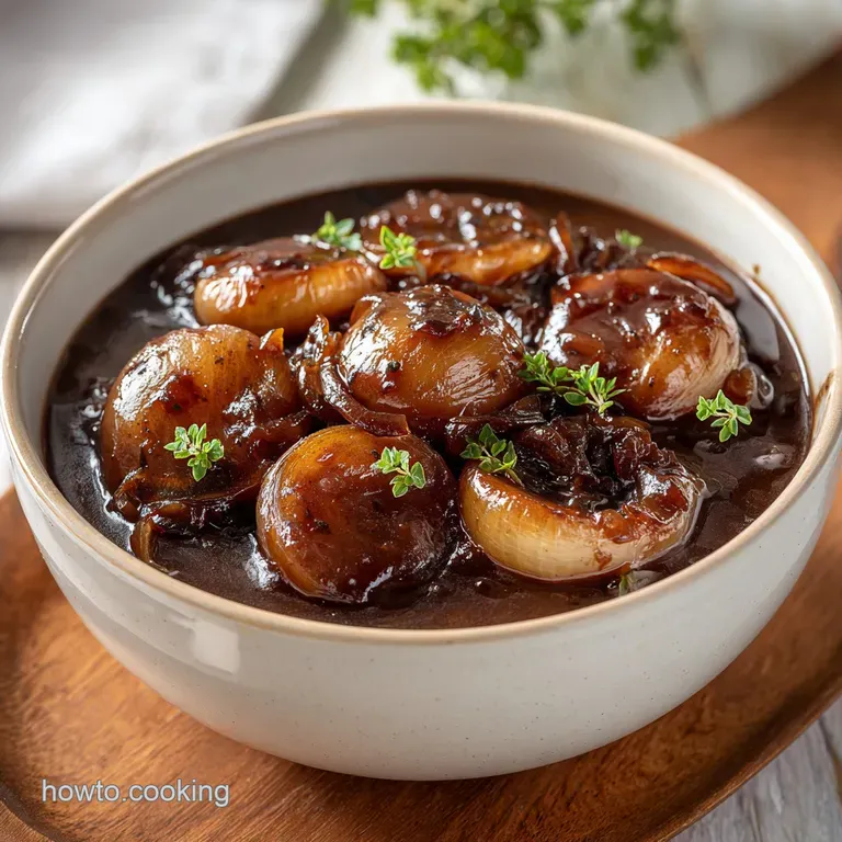 Smooth, dark brown sauce poured over fluffy mashed potatoes, garnished with a sprig of fresh thyme and pepper.