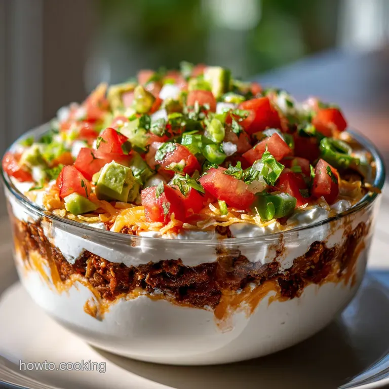 Individual serving of seven layer dip in a clear glass, highlighting colorful layers and a garnish of bright green cilantr...