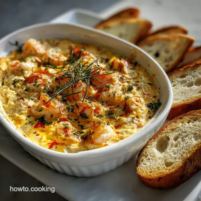 Elegant shrimp dip in a glass dish, surrounded by crispy baguette slices and colorful crudit&eacute;s, a delightful appetizer.