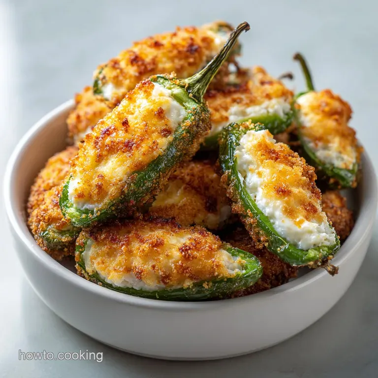 Plated jalapeno poppers, golden brown, nestled on a bed of vibrant green lettuce with a creamy sauce drizzle. Appetizing a...