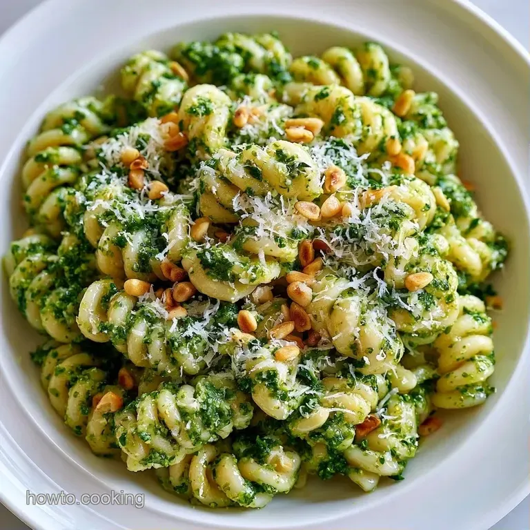 Twirled pasta coated in bright green sauce on a white ceramic plate, garnished with a fresh sprig of basil leaf.