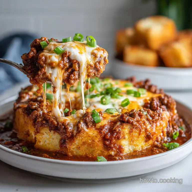 Creamy, cheesy Sloppy Joe dip served in a rustic cast iron skillet, garnished with vibrant green scallions, ready to be sc...