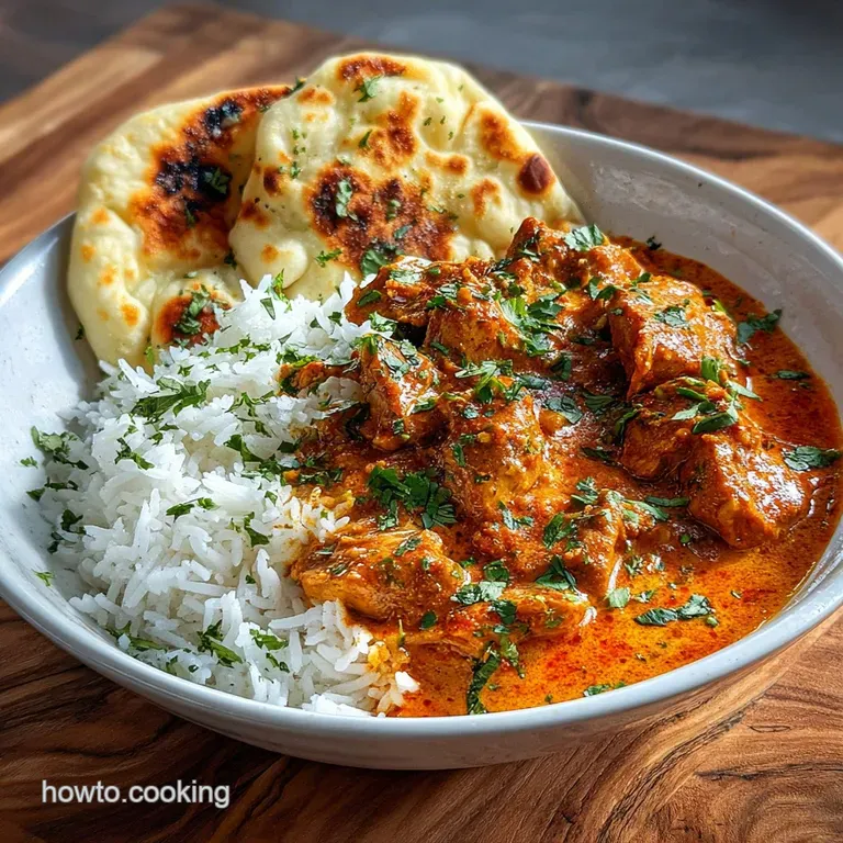 Buttery chicken with a glistening sauce, artfully plated with basmati rice and naan. Sprinkled fresh cilantro adds bright ...