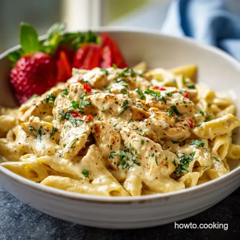 Elegant plate of creamy chicken pasta garnished with fresh parsley. A single black olive adds a pop of color, sauce glistens.