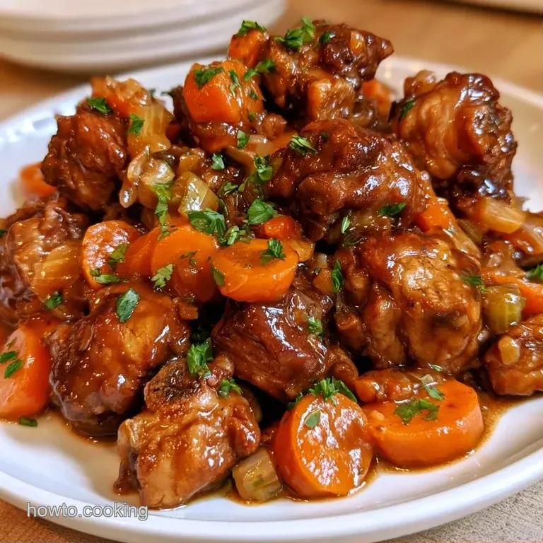Braised beef pieces glazed in a glossy brown sauce, paired with soft orange carrots and celery on a white plate.