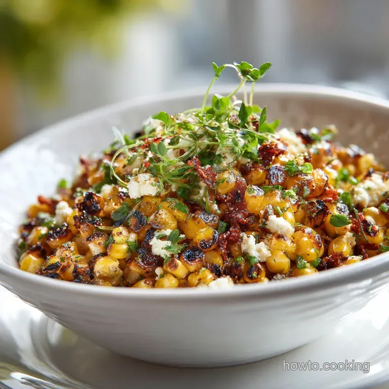 Smoky charred corn salad elegantly plated, garnished with microgreens and a drizzle of dressing, ready to be served at a s...