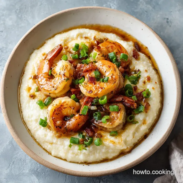 Perfectly arranged shrimp and grits with a drizzle of golden oil and a sprinkle of vibrant green scallions, ready to be en...