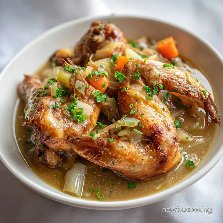 A perfectly plated portion of succulent turkey wings in savory gravy, glistening with fresh herbs on a white plate.