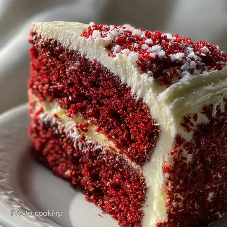 Slice of moist red velvet cake with rich, white frosting. Festive sprinkles and dusting of cocoa create an elegant plate.