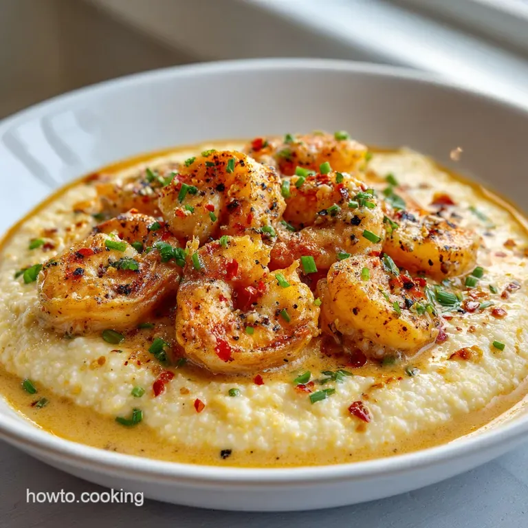A white bowl showcasing velvety grits with glistening, pan-fried shrimp and a sprinkle of herbs.