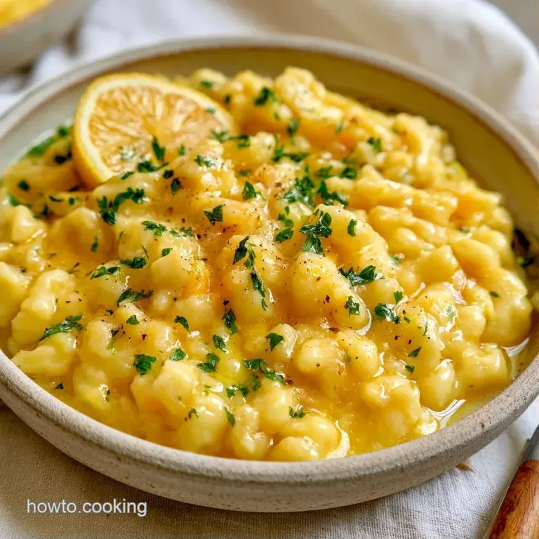 Elegant swirl of buttery golden noodles on a white plate, finished with a glossy citrus glaze and herb garnishes.
