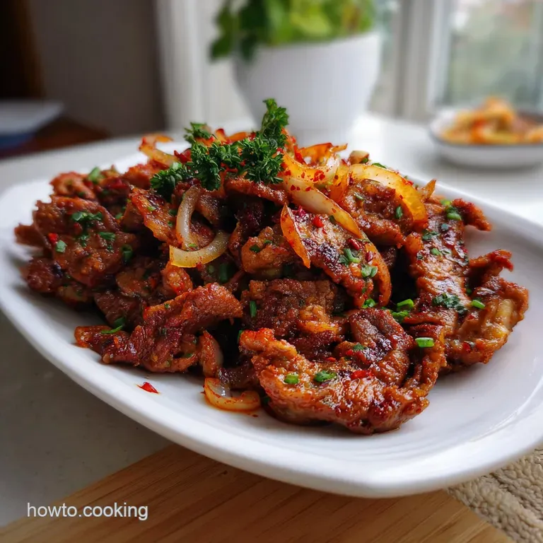 Artfully arranged ribbons of Korean BBQ, showcasing a tapestry of textures. Garnished with fresh herbs, offering a visuall...