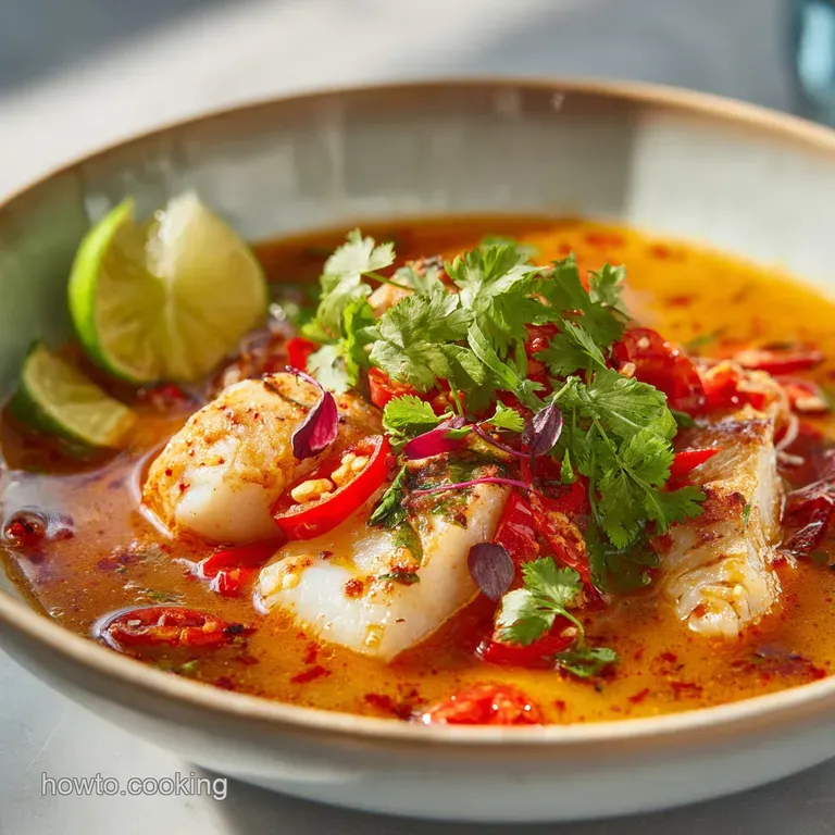 A deep ceramic bowl filled with sunny yellow broth, garnished with fresh dill and flaky white fish.