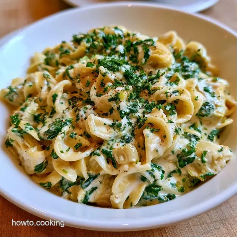 A white ceramic bowl filled with creamy pasta, topped with grated parmesan and a sprinkle of fresh green parsley.