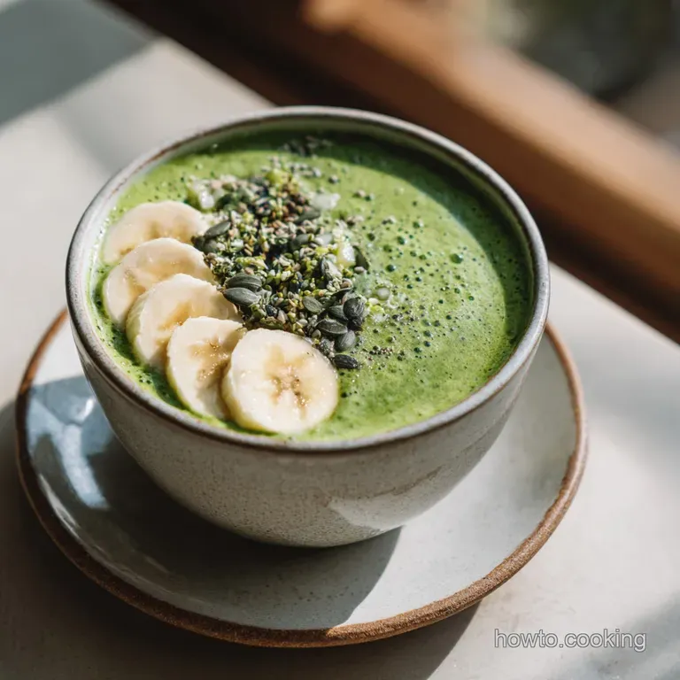 A tall glass of emerald green smoothie, lightly frothed, garnished with a single mint sprig.