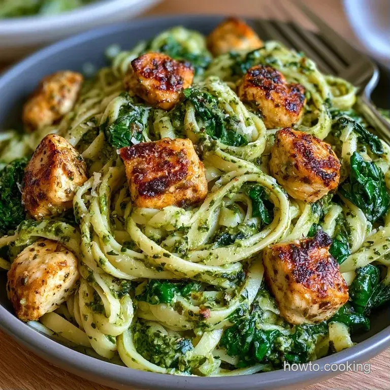 Elegant swirl of pesto pasta topped with sliced grilled chicken and fresh spinach on a minimalist matte grey plate.