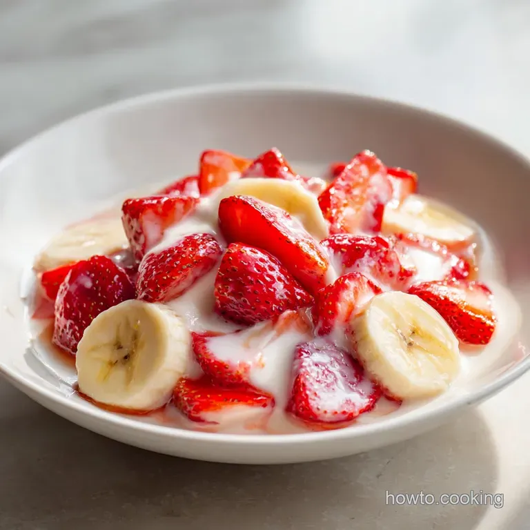 Elegant dessert bowl overflowing with sliced strawberries, bananas, and cheesecake bites in a luscious, creamy sauce.