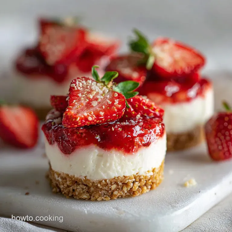 Three strawberry cheesecake bites arranged on a white plate. Whipped cream dollops and fresh strawberry halves provide bri...