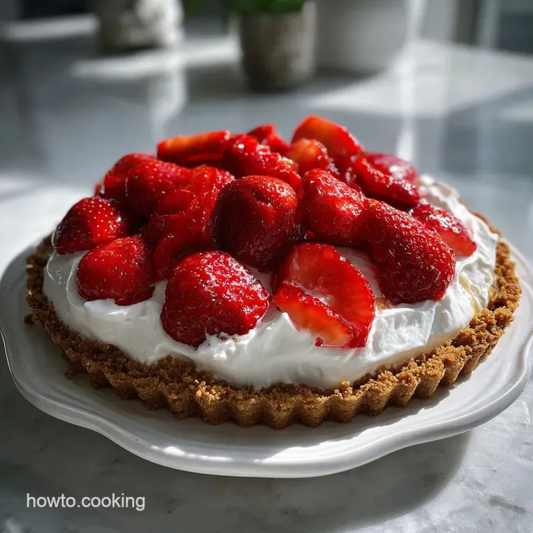 Slice of creamy pink pie on a white plate, topped with fresh strawberry. Frosty whipped topping contrasts with the berry's...