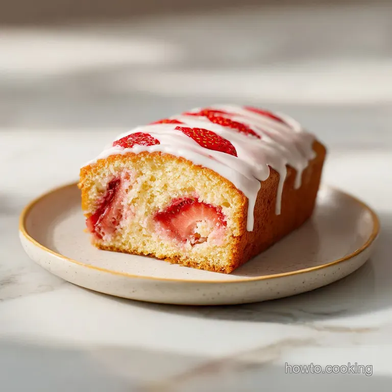 A slice of moist golden cake topped with swirls of white cream and sliced berries on a white ceramic plate.