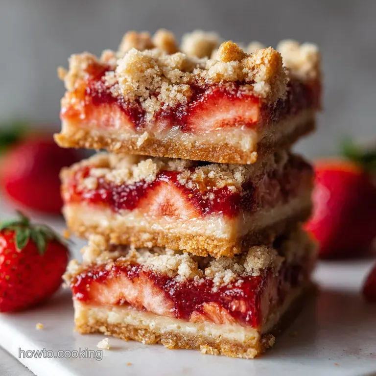 Square bar, neatly cut and plated, showcasing a crumbly oat crust, bright strawberry layers, and a delicate dusting of pow...