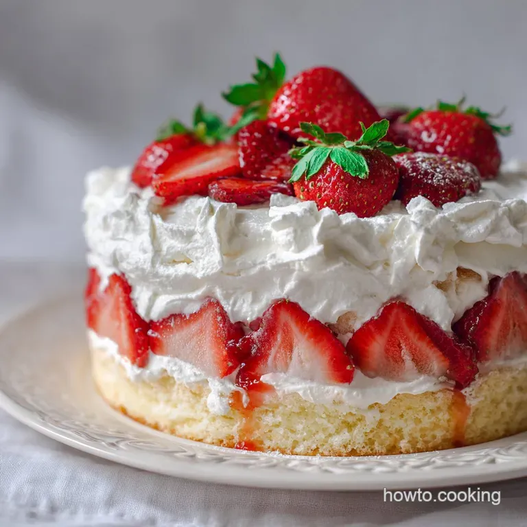 Slice of layered no-bake cake showing fluffy whipped cream, bright red strawberry layers, and a golden graham cracker crus...