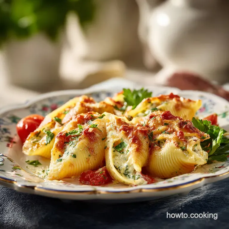 Three jumbo stuffed shells on a white plate, bathed in rich tomato sauce and sprinkled with Parmesan. Glistening and invit...