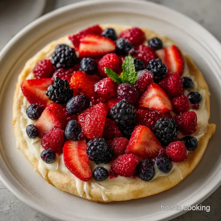 A colorful fruit pizza slice, showcasing glossy berries on a sweet cookie base.
