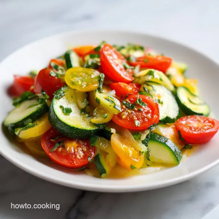 A colorful mound of shaved zucchini salad artfully arranged with glistening diced tomatoes.