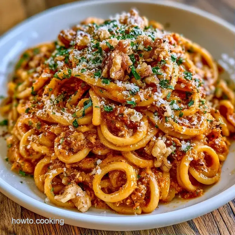 A twirl of al dente pasta coated in a rich, velvety orange sauce, served in a white bowl with a sprinkle of cheese.