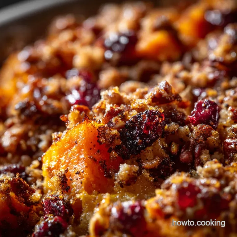 Sweet Potato Cranberry Gratin with Ginger Brown Butter Pecan Crumble presentation