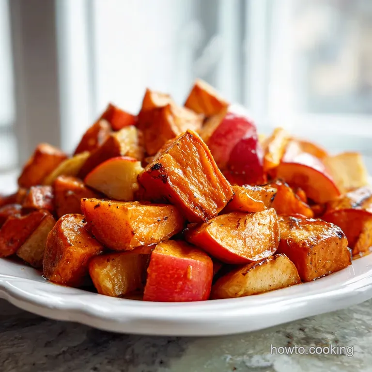 Elegant plate of glistening roasted sweet potato and apple slices. Cinnamon-dusted, soft texture, and a hint of steam.