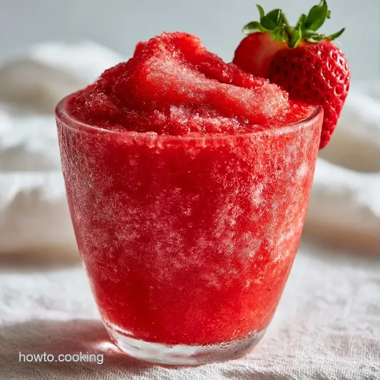 Tall glass of bright red frozen drink garnished with a fresh strawberry slice and a sprig of mint on a white table.