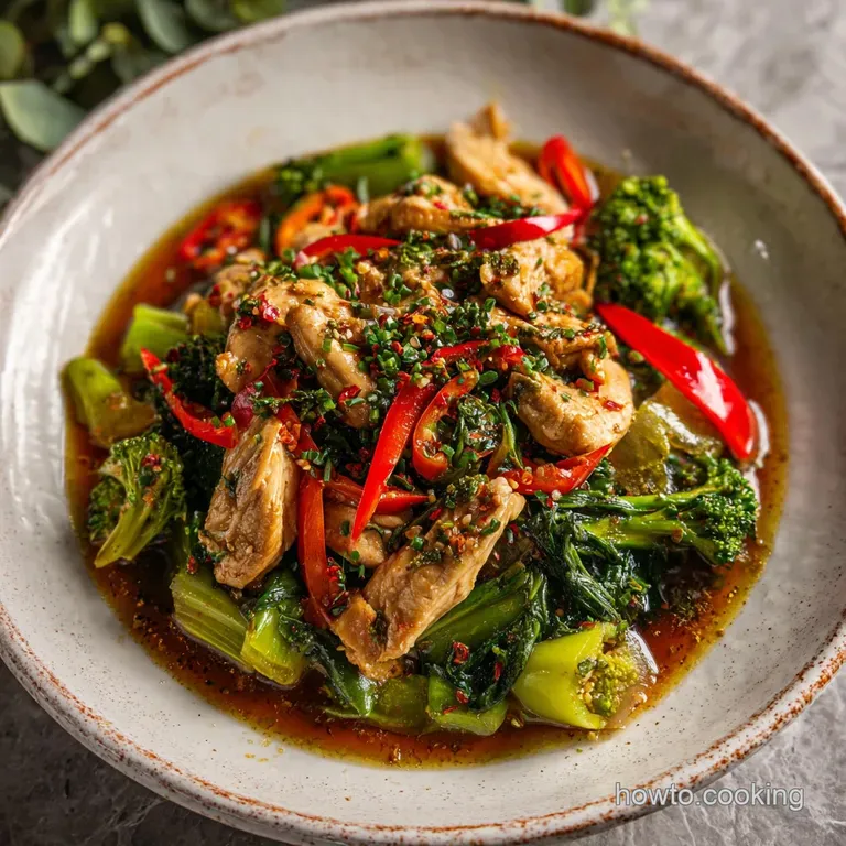 Glossy Szechuan chicken and vegetables artfully arranged on a white plate, garnished with green onions and chili flakes.