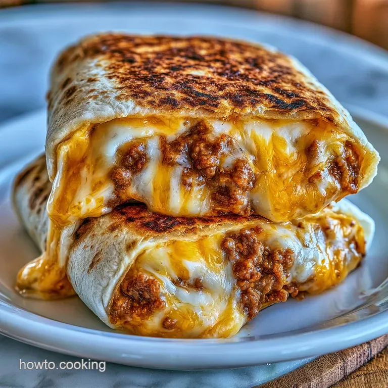 Two sliced burritos showing melted cheese and savory beef, served on a slate platter with fresh lime wedges.