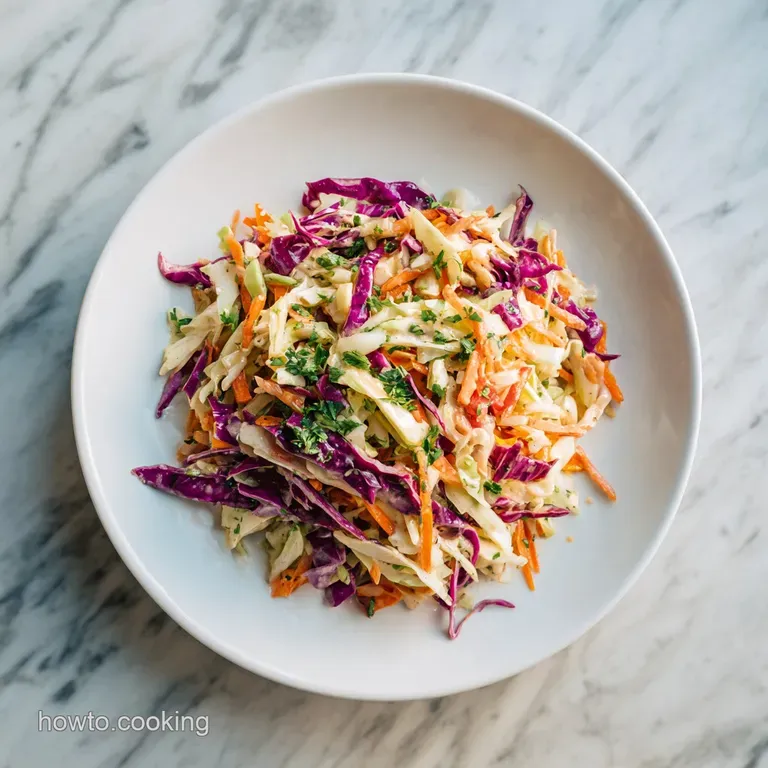 Bright and fresh taco coleslaw spilling out of a crispy tortilla shell, topped with cilantro and a lime wedge.