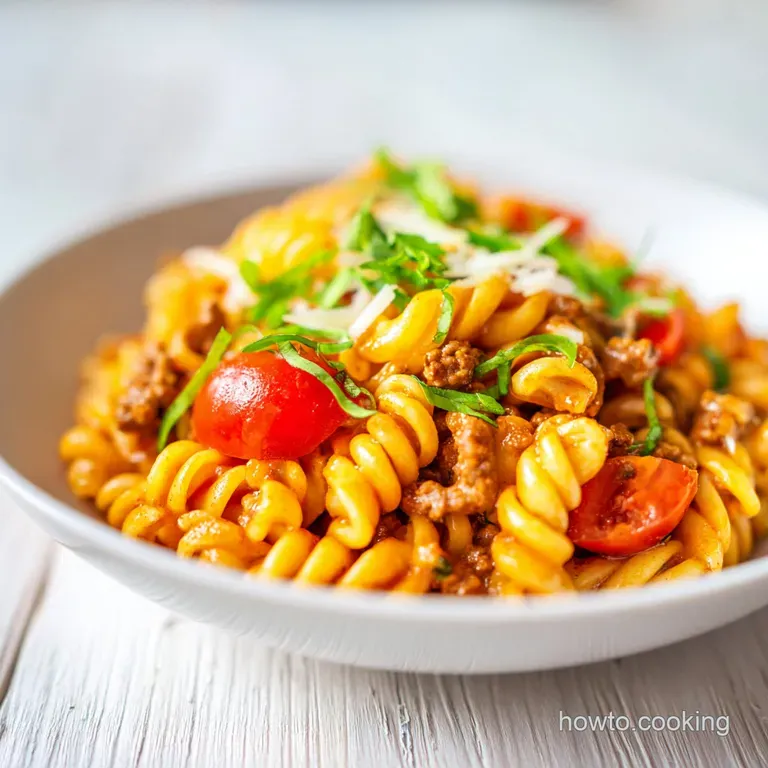 A swirl of creamy taco pasta, garnished with bright cilantro, sits on a white plate, inviting and flavorful.