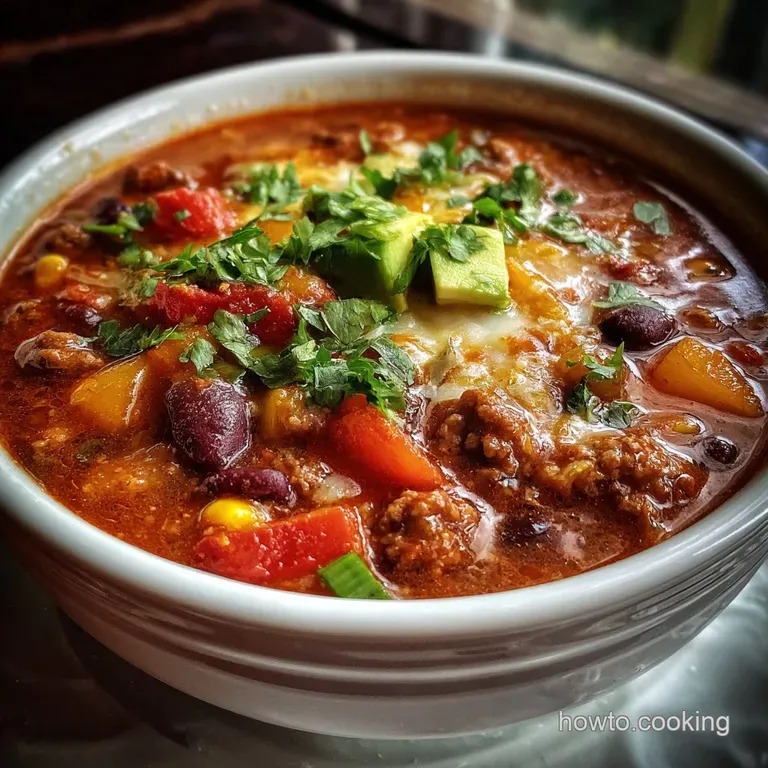 Close-up of taco soup elegantly plated, a swirl of sour cream contrasting against the deep red broth. Topped with fresh he...