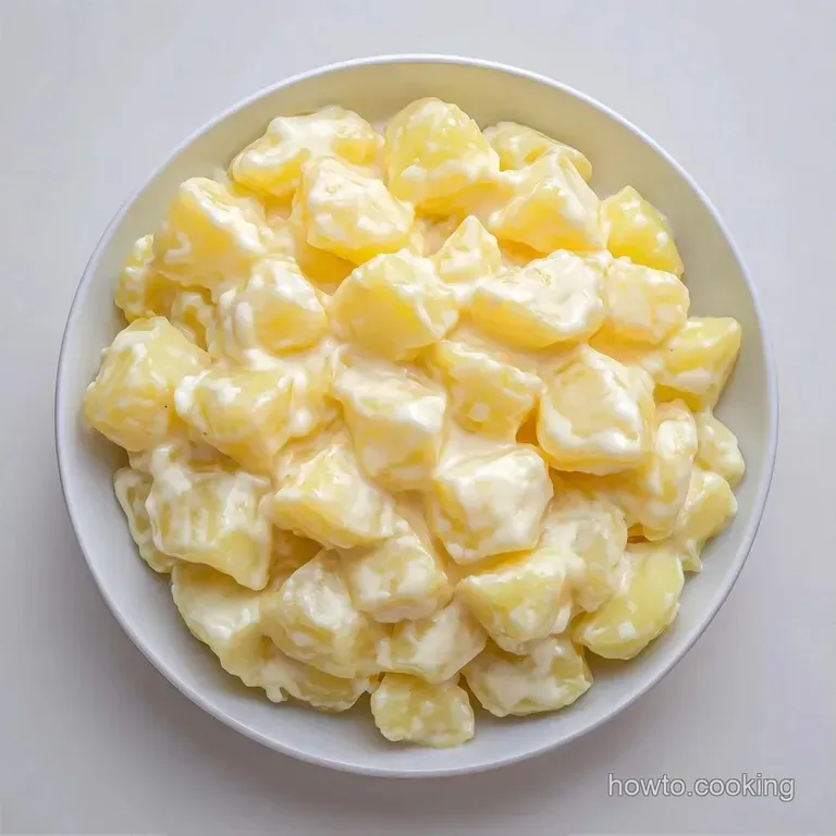 A neat scoop of creamy white potato chunks topped with crisp bacon crumbles and sliced scallions on a ceramic plate.