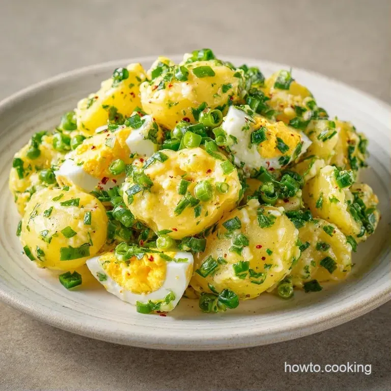 Chilled scoops of creamy potato salad garnished with fresh chives in a white ceramic bowl on a light linen cloth.