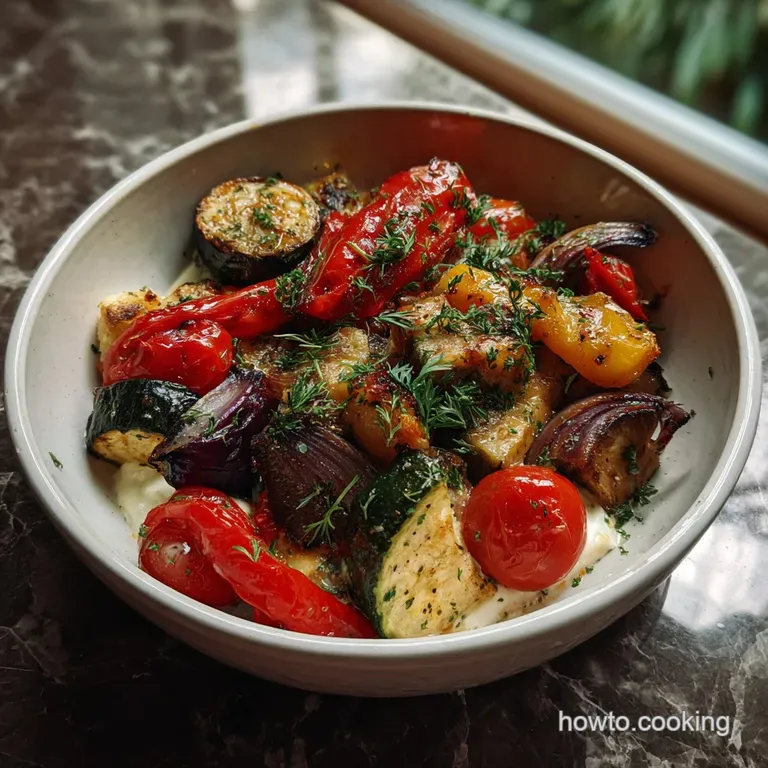 A colorful Mediterranean salad, artfully arranged, showcasing charred edges and fresh herbs. A light drizzle of dressing a...