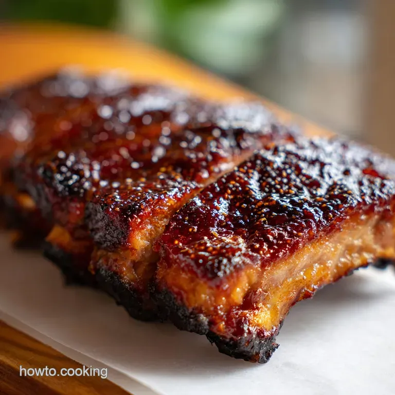 Three tender ribs stacked neatly on a white ceramic plate with a drizzle of dark sauce and a sprig of fresh parsley.