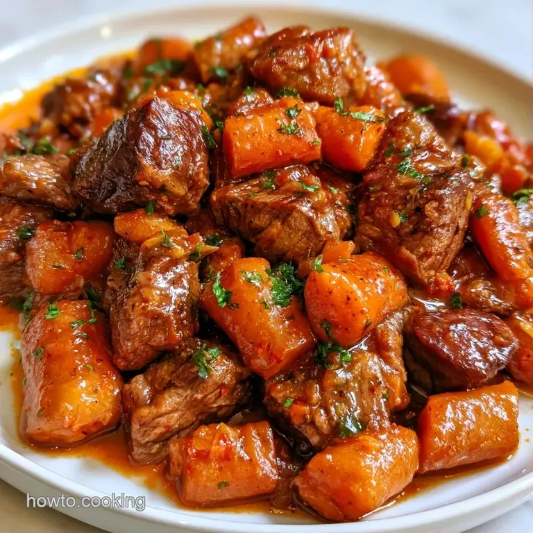 A sliced portion of slow-cooked beef resting on a creamy puree, topped with vibrant herbs and a glossy red glaze.